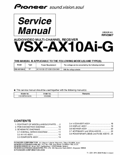 PIONEER VSX-AX10Ai-G Pioneer multi channel receiver.Single pdf file.